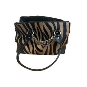 Roberta Gandolfi Leather Bag Patent Zippered Large Zebra Hair Purse Black Brown